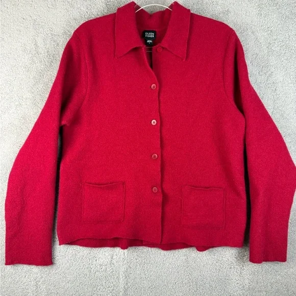 Eileen fisher red wool button up jacket preowned size large - Picture 1 of 9